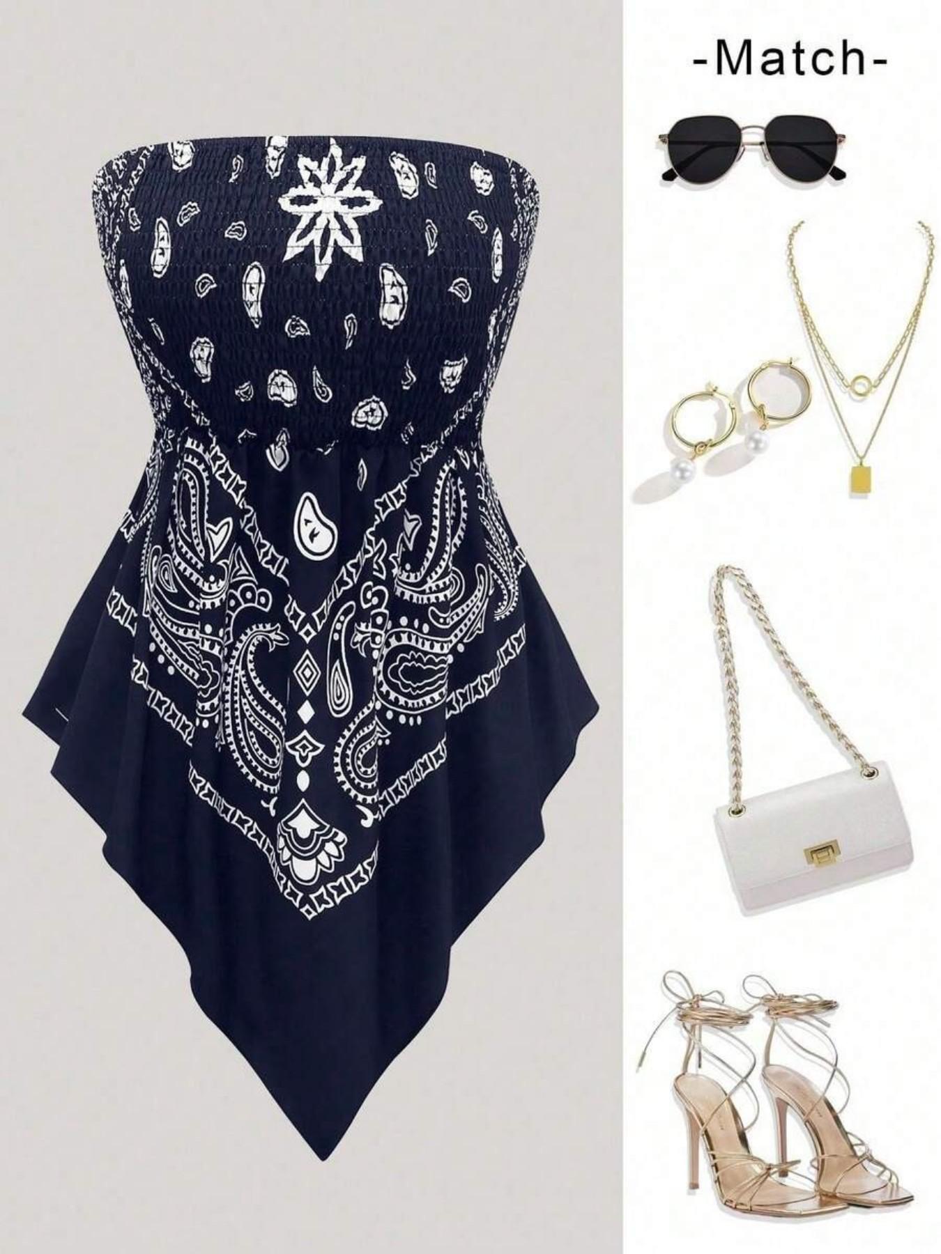 Plus Size Women's Ethnic Print Strapless Top, Bohemian Style Asymmetrical Hem Tube Top, Casual Summer Fashion Top