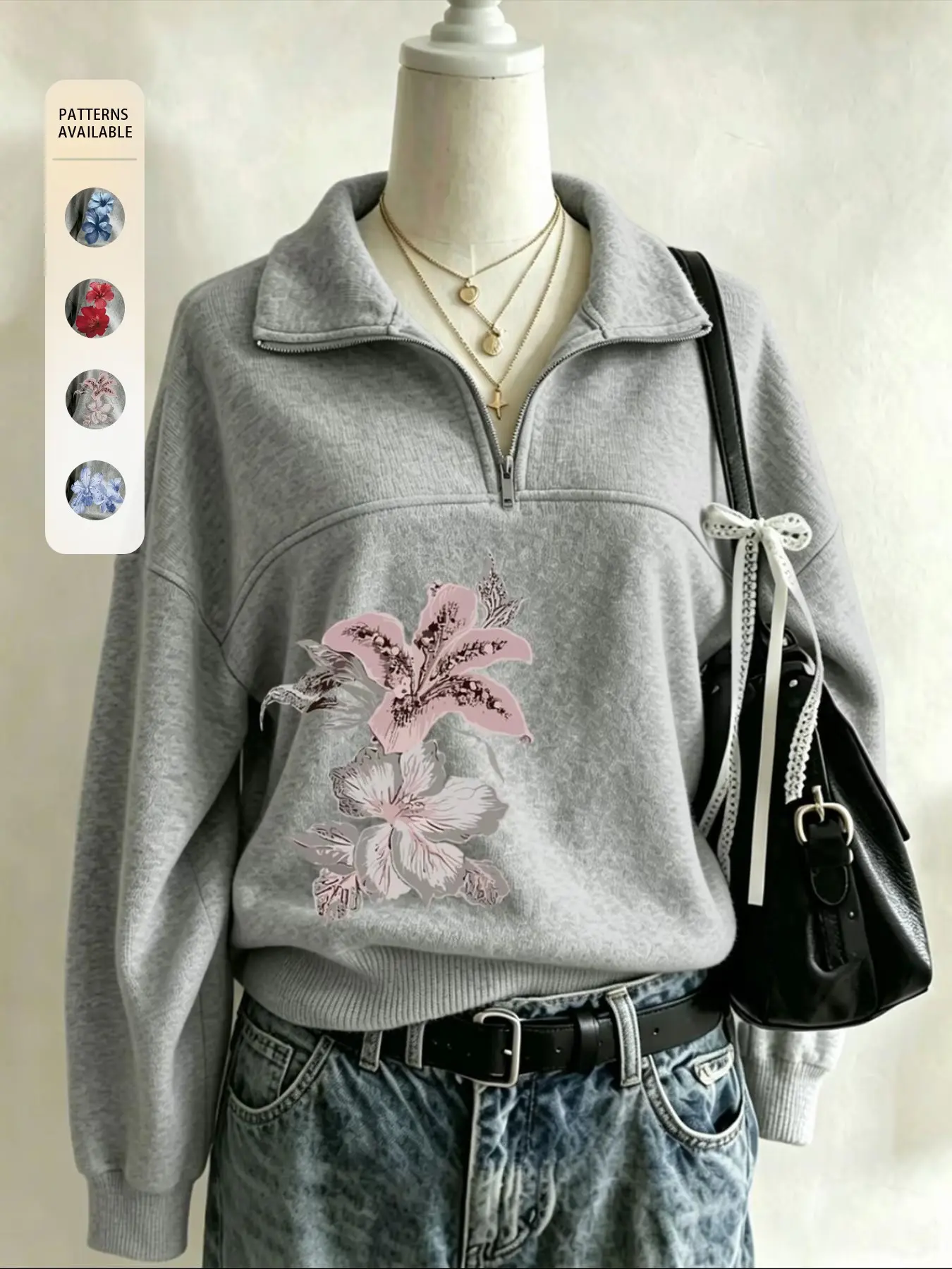 Soft Half-Zip Neck Sweatshirt, Elegant Lily Print, Adjustable Collar, Loose Fit, Spring & Fall, Korean Style, Comfortable Fabric