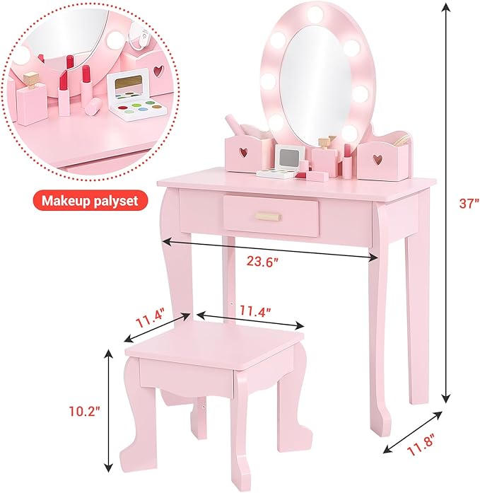Kids' Vanity Set with Mirror and Light, Makeup Table and Stool for Girls, Vanity Table and Chair Set with Wood Makeup Playset for 4-9 Girls