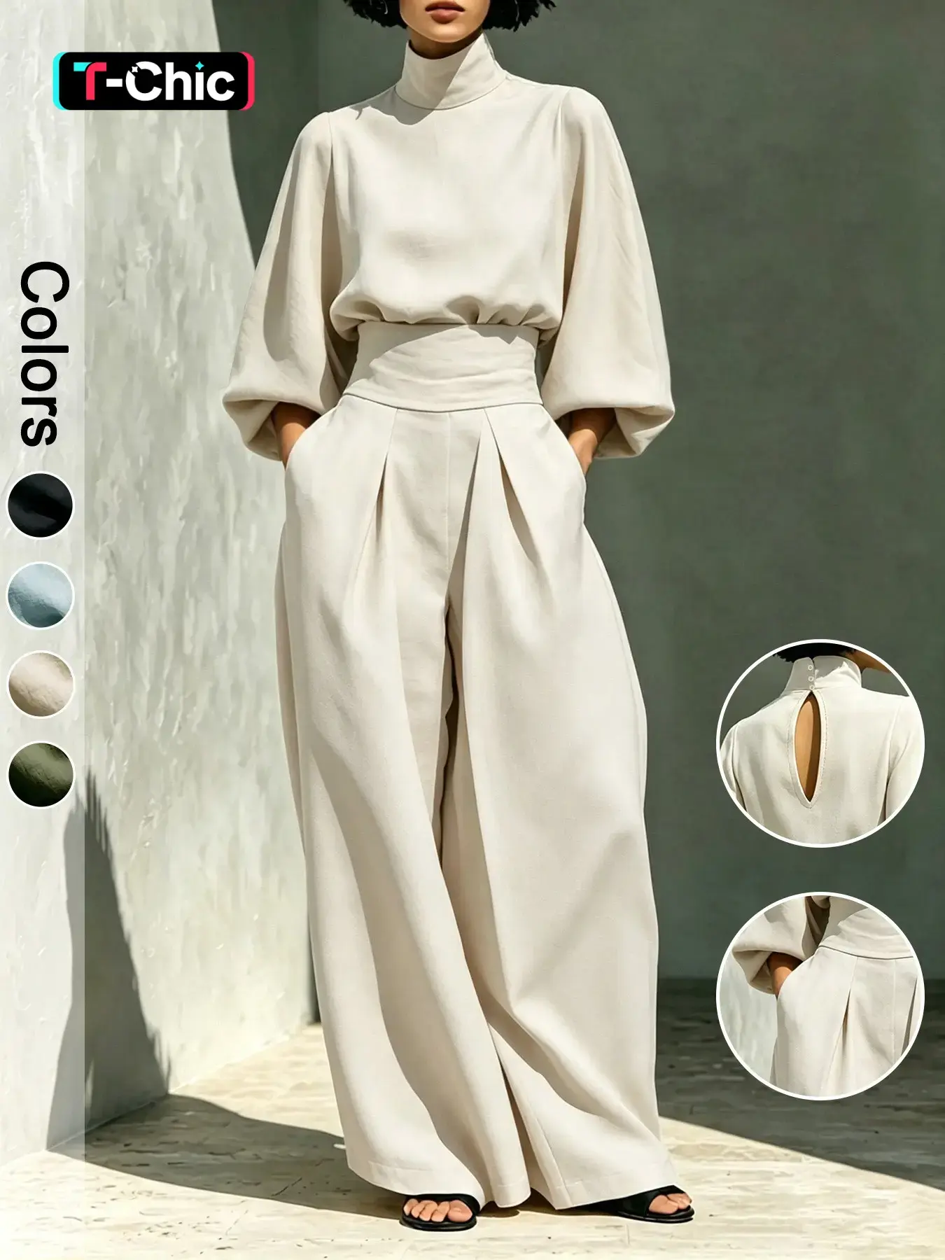 【Black Friday】Women's Two-Piece Matching Set, High Neck Balloon Sleeve Top and High-Waist Wide Leg Pants, Elegant Outfit