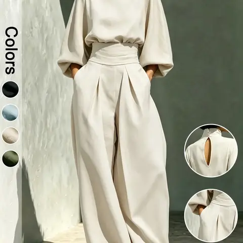 Women's Two-Piece Matching Set, High Neck Balloon Sleeve Top and High-Waist Wide Leg Pants, Elegant Outfit