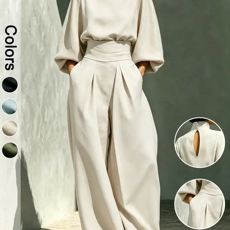 Women's Two-Piece Matching Set, High Neck Balloon Sleeve Top and High-Waist Wide Leg Pants, Elegant Outfit