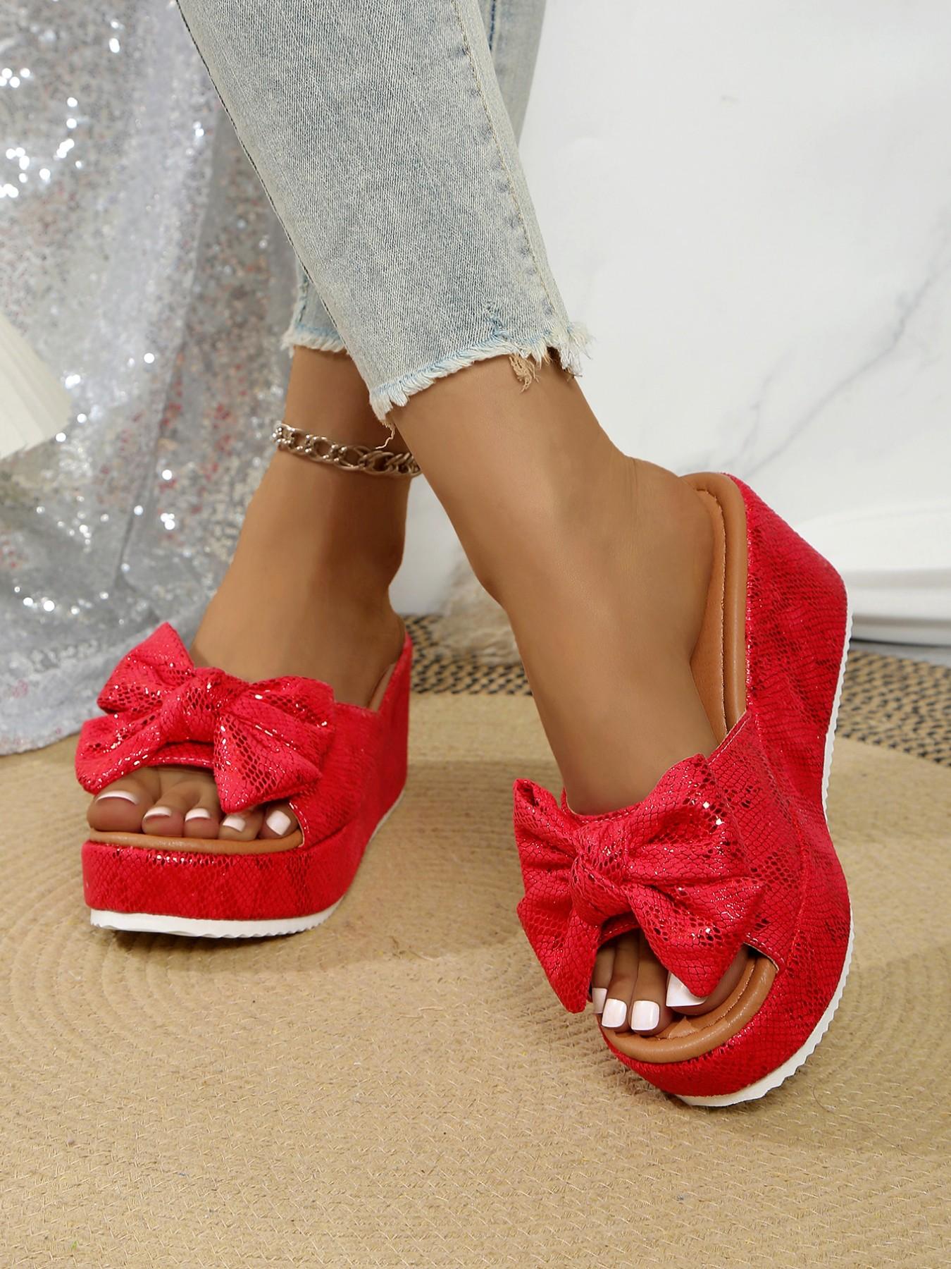 Women's Fashion //burgundy Bow Thick Sole Wedge Sandals, Summer Outdoor Y2K Style, Lightweight Comfortable Footwear