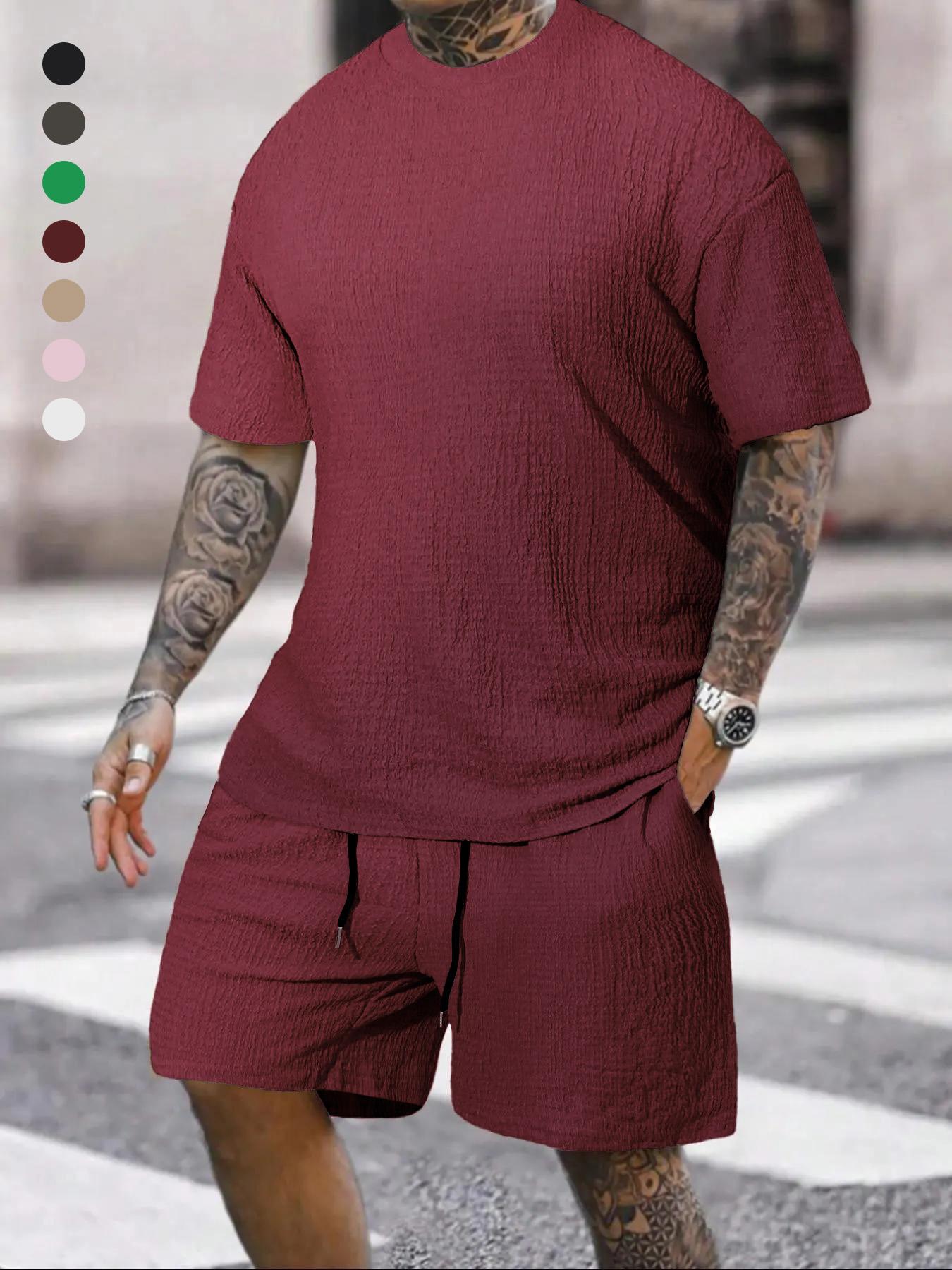 Men's Solid Textured Round Neck Tee & Drawstring Waist Shorts Pyjama Set, Short Sleeve Top & Shorts Set, Casual Comfy Men's Sleepwear & Loungewear, Menswear, Pajama Set