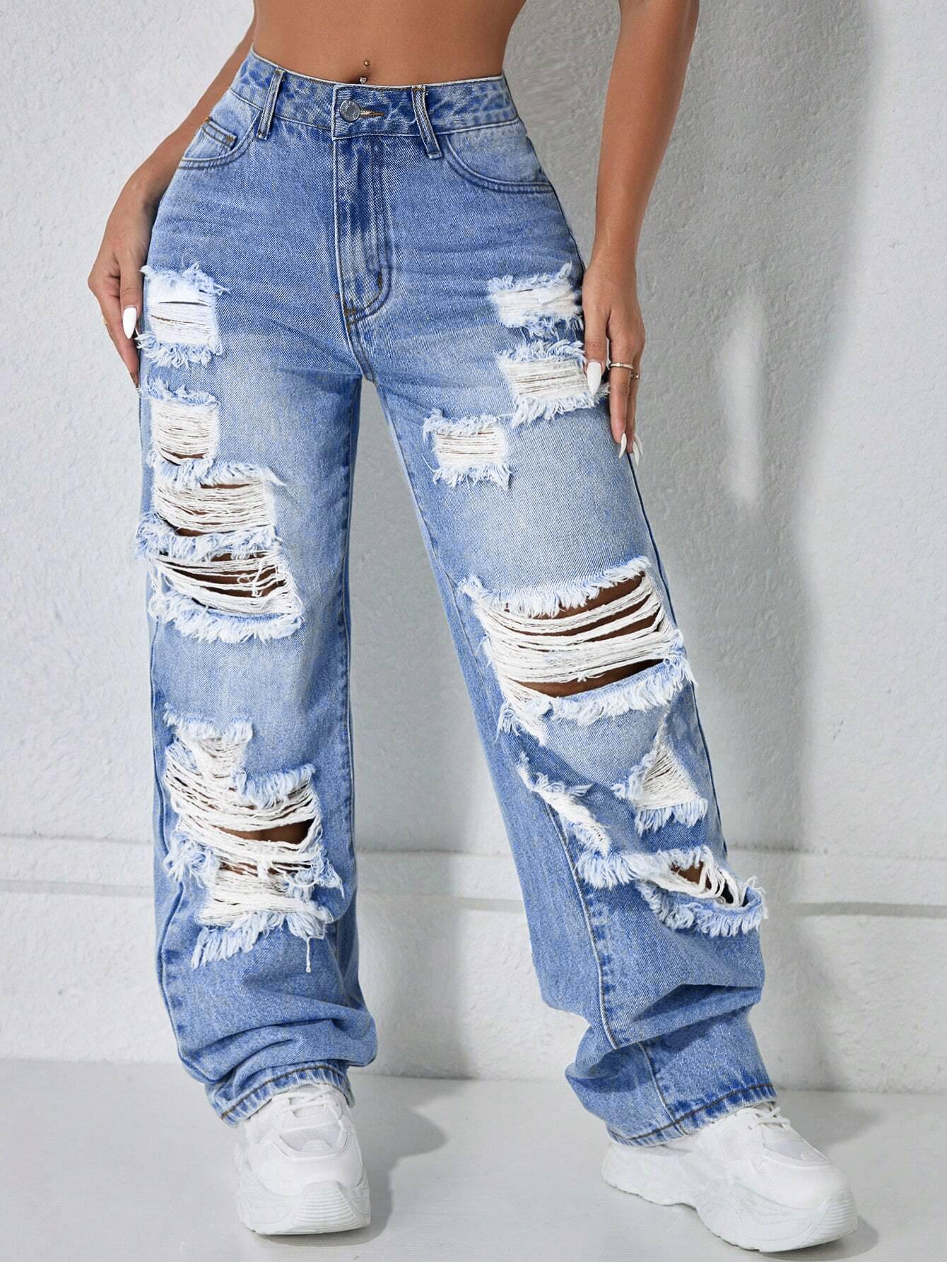 Elegant Fashion Street Style High Waist Ripped Denim Jeans, Spring Summer Fall Women's Loose Straight Leg Pants, Trendy Casual Wear