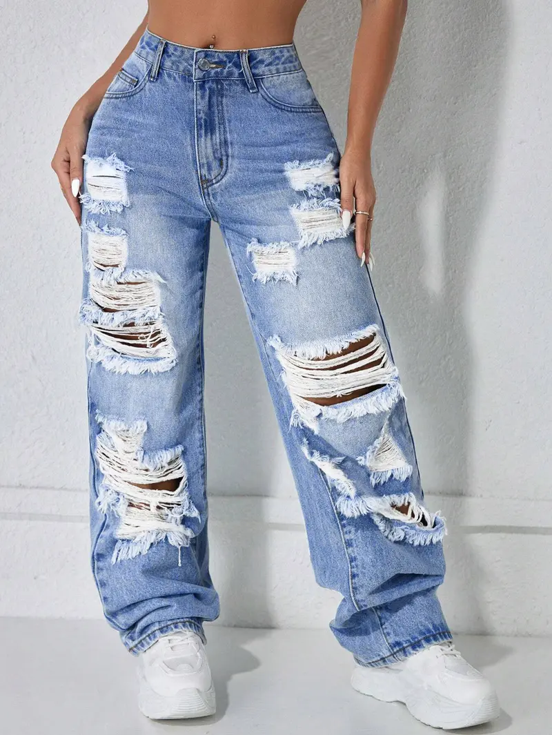 Fashion Street Style High Waist Pocket Ripped Denim High Rise Jeans, Women's Loose Baggy Straight-Leg Pants for Spring Summer Fall, Trendy Casual Wear, Casual Design Jeans, Streetwear, Womenswear