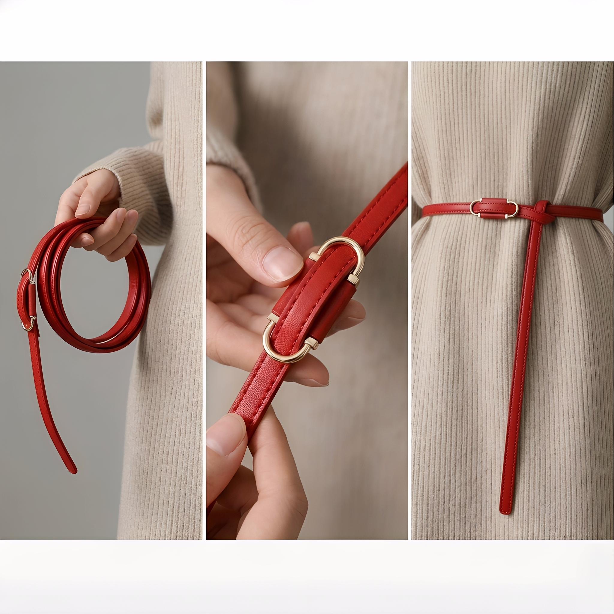 Adjustable Thin Belt with Dual Buckles, Soft Style Waist Cinch Strap, Multi-Color Options, Dress & Sweater Accent Belt