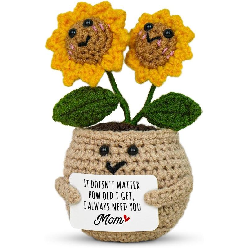 Mini Crocheted Sunflower with Message Card - Birthday Gift, Emotional Support Crocheted Sunflower Ornament for Mom