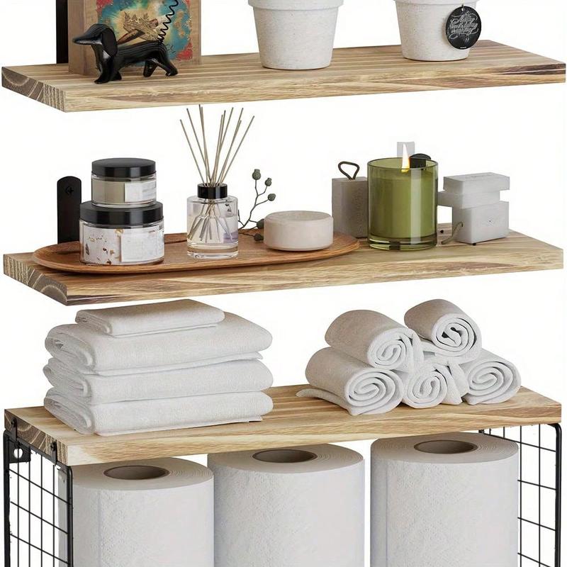 Minimalist Wooden Floating Shelf Set with Baskets, Stylish Wall Storage for Organizing Bedroom Living Room Kitchen, Wall Organizer Shelf, Eco-friendly Wooden Materials, Wall Shelf Unit