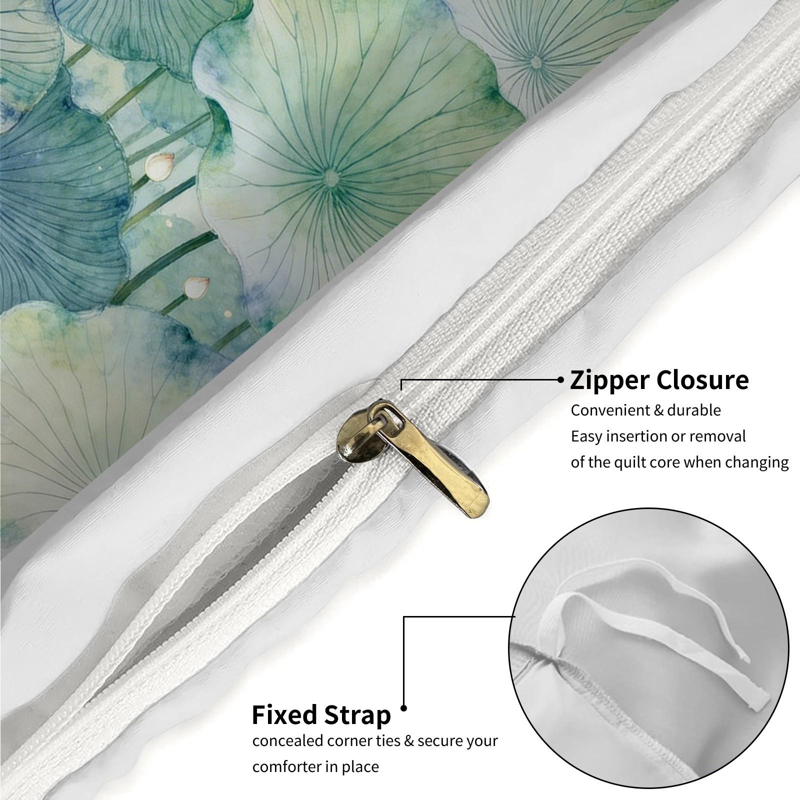 2/3 Piece Watercolor Lotus Leaf Duvet Cover Set, Green Lotus HD Digital Print Bedding Set, Soft Breathable Comforter Cover with Zipper & Corner Ties for Bedroom & Dorm (Comforter Not Included)