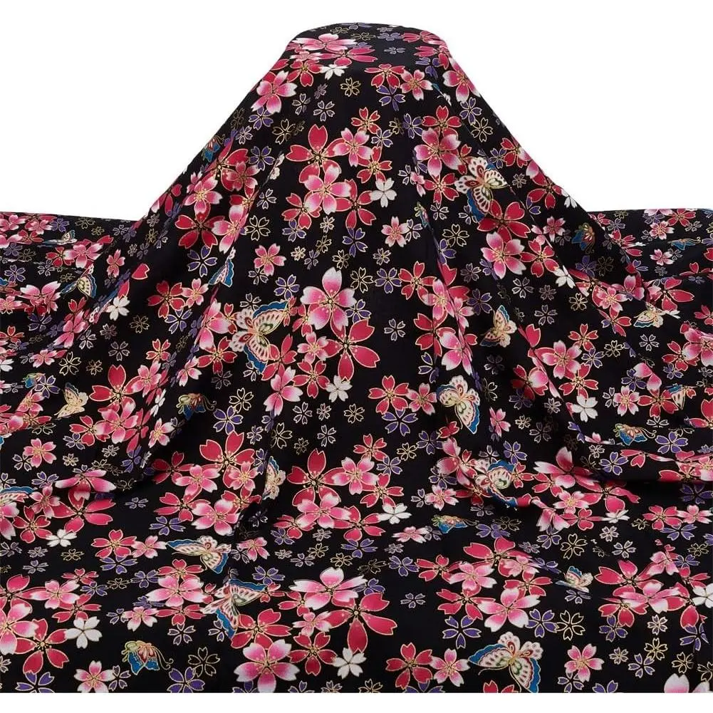 Black Japanese Printed Fabric 39.4x59Inch Japanese Style Fat Quarters Bundles Fabric Sakura Printed Cotton Sewing Fabrics for Kimono Cheongsam Tablecloth(Butterfly,Hot Stamping)