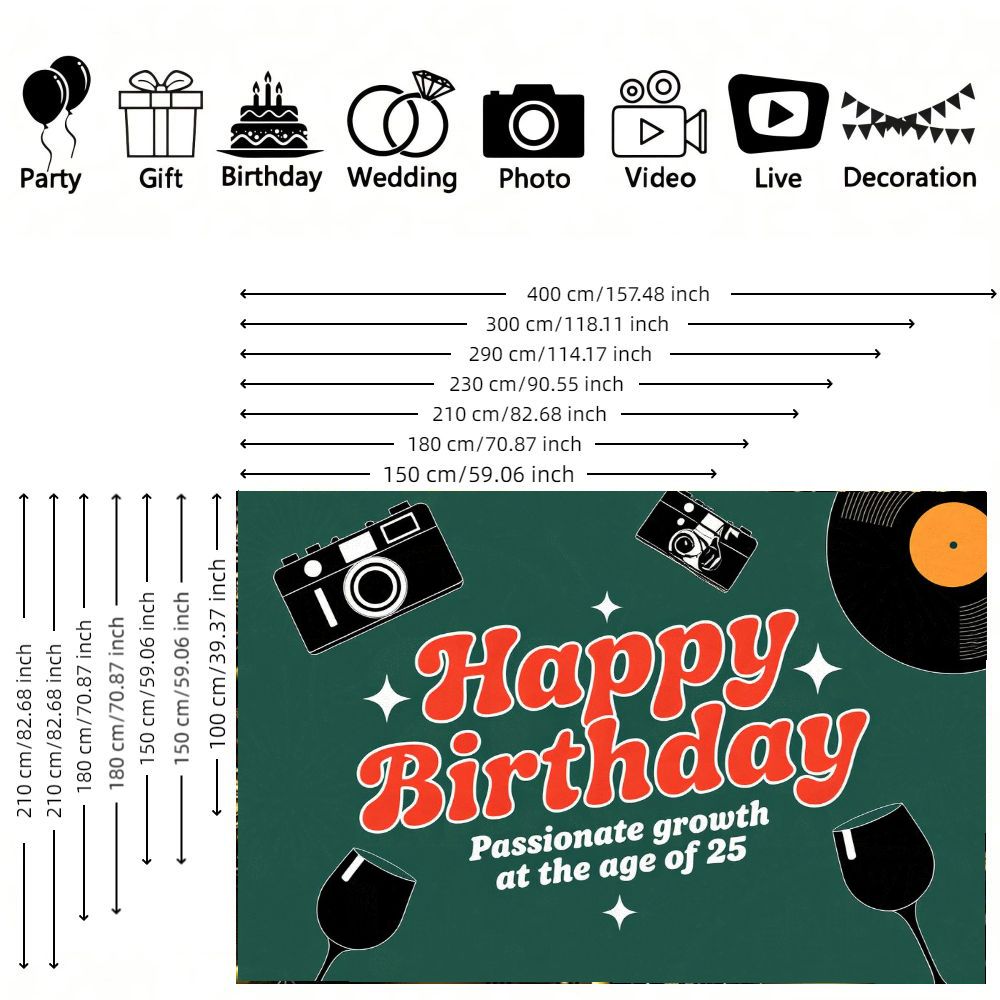 2D flat banner, 1pc25th Birthday Retro Party Backdrop, Red & Green Festive Background with Vinyl, Cameras, Wine Glasses, Star Decorations for 25th Birthday Party Decor
