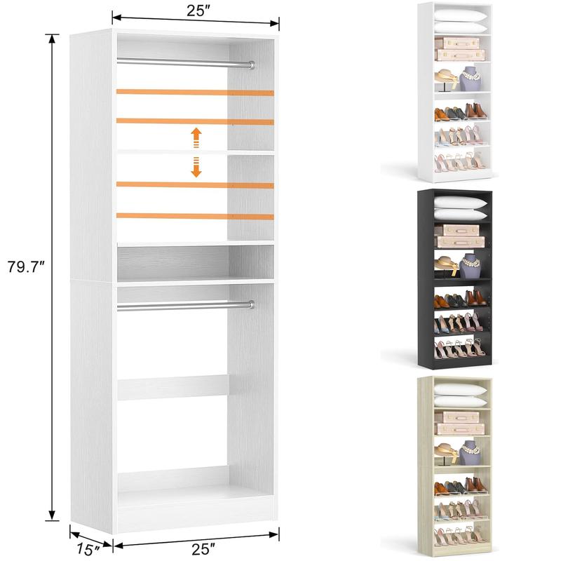 Cyclysio 75” Closet System with Shoe Rack and Hanging Rods, Modern Walk-in Closet Organization Wardrobe with Wooden Drawers and Mirror and Shelves