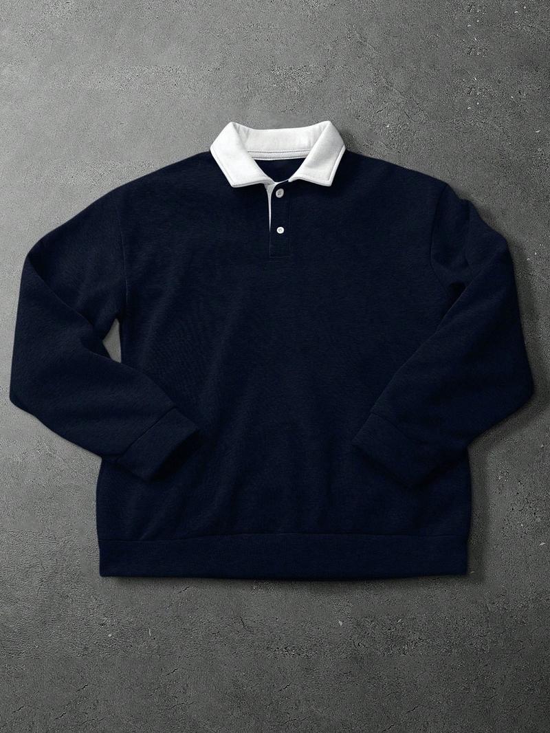 Men's Loose Fit Colorblock Collar Long Sleeve Polo Shirt, Casual Street Style, Fashionable Outdoor Sports Wear, All Seasons Men's Loose Fit Colorblock Collar Long Sleeve Polo Shirt, Casual Street Style, Fashionable Outdoor Sports Wear, All Seasons