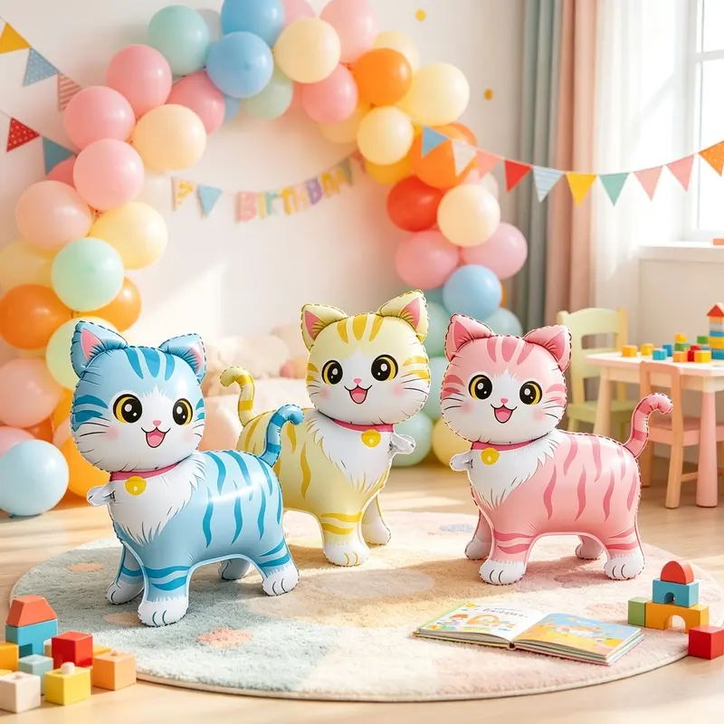 3pcs 22-inch cat aluminum foil balloons, cartoon standing cat birthday party decorations, cute animal foil balloons, perfect for children's festival decor and photo props. Featuring adorable and trendy macaron color schemes, ideal for various party the