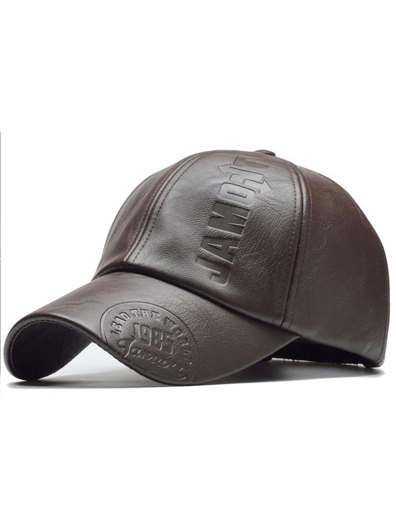 Trendy Cool PU Leather Letter Print Texture Baseball Cap, Outdoor Adjustable Casual Sun Protection Sports Cap, Autumn and Winter Travel Travel Seaside Party Accessories, Unisex