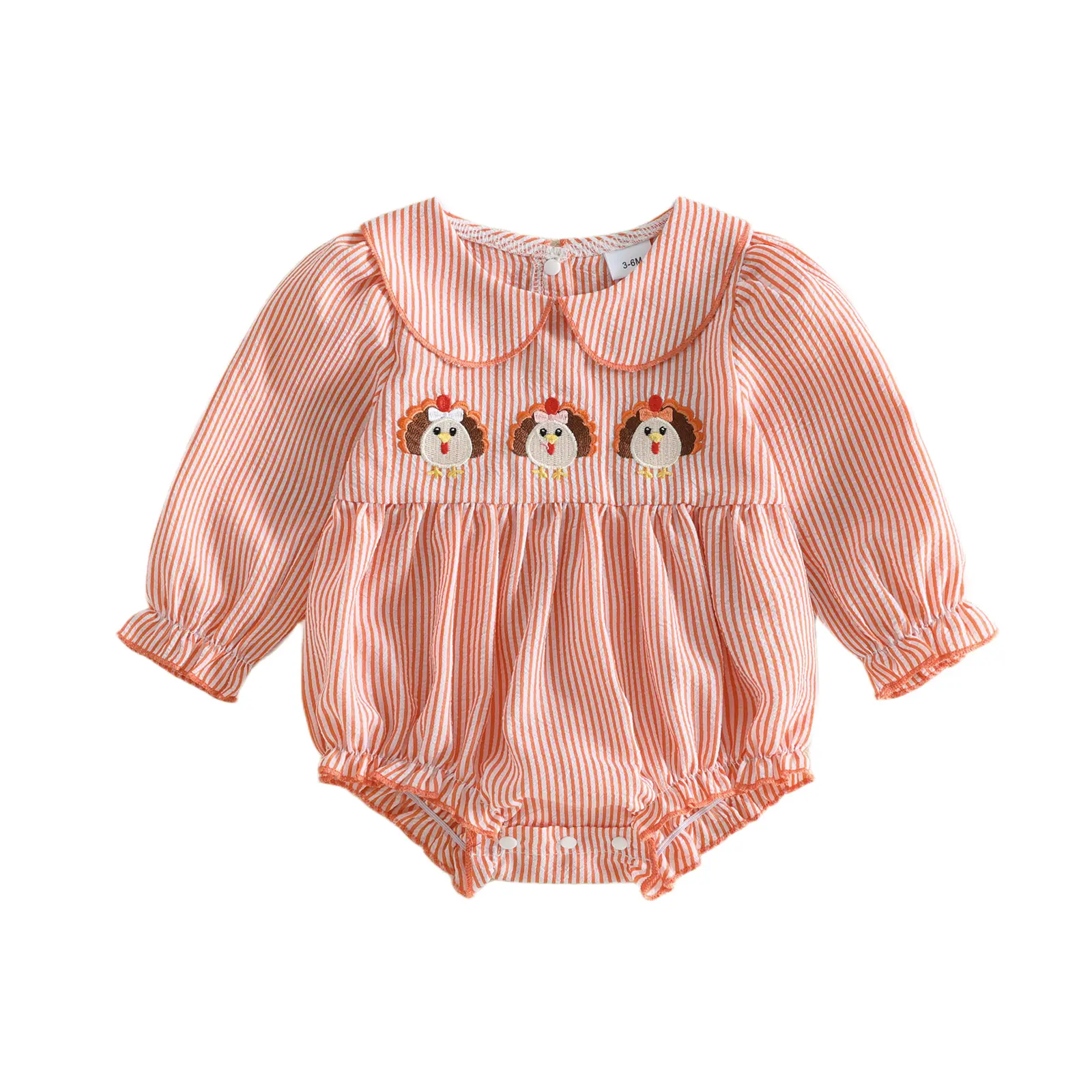 Meihuida Newborn Infant Baby Girl Thanksgiving Bubble Romper Striped Turkey Embroidered Long Sleeve Doll Collar Ruffle Bodysuit Cute Fall Clothes 0-18 Months