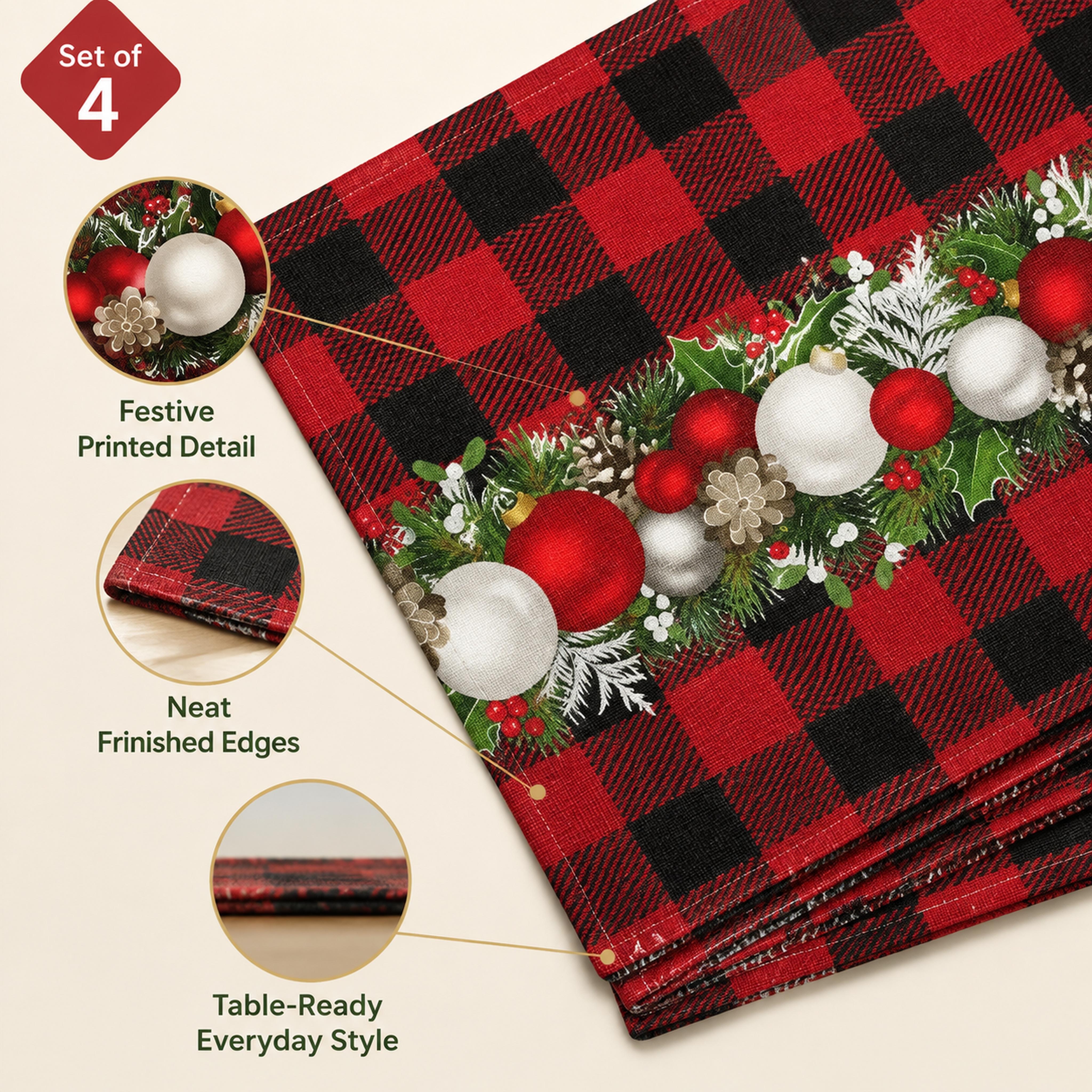 4‑Pack Christmas Festive Placemat Set, Classic Size Table Mats for Home Kitchen Dining Tables, Holiday Decor for Christmas Party & Family Dinner Lovers