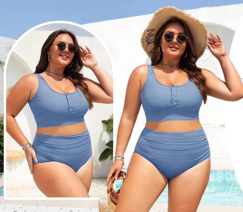 Yonique Plus Size Two Piece Swimsuit - Womens High Waisted Bikini Tummy Control Bathing Suit Ribbed Swimwear