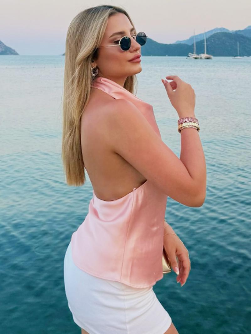 Sexy Satin Halter Top Women Corset Tanks & Camis Backless Crop Top Woman y2k Sleeveless Tank Tops Ladies Fashion Black White Orange Pink Yellow Brown Top Casual Vacation Top