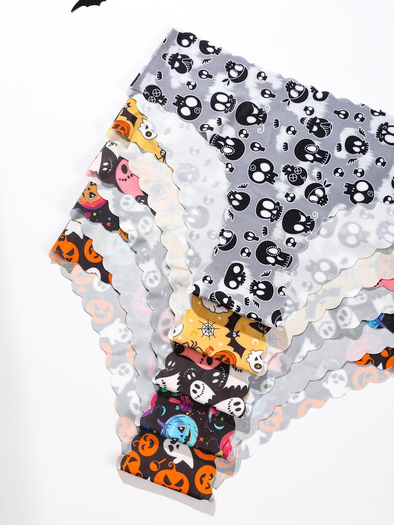 5/7/10 pieces set, Underwear sets, Halloween themed wavy edge women's panties with pumpkin skull all-over print triangle underwear, slim fit, comfortable, suitable for festivals and daily wear in all seasons