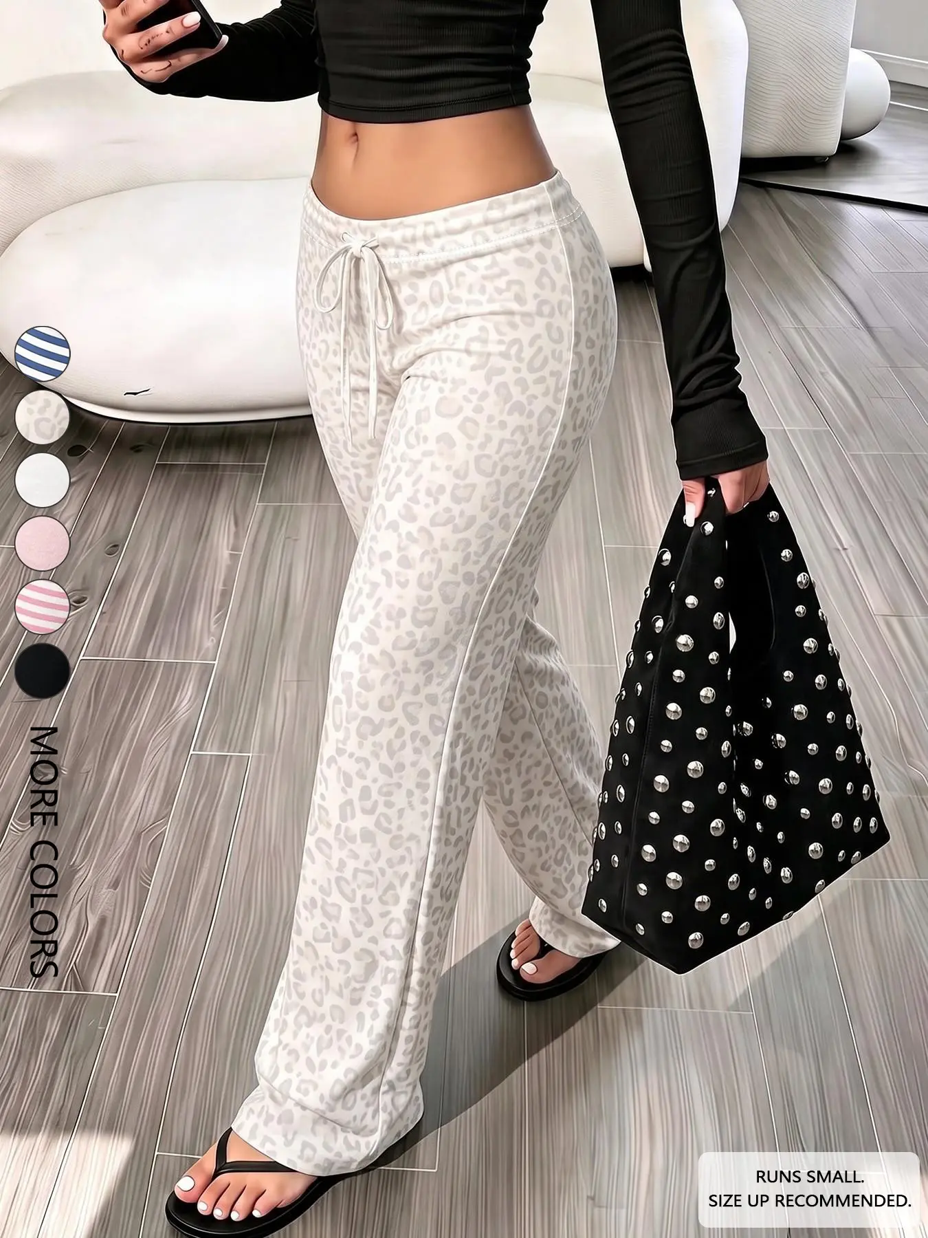 Women White Grey Leopard Print Low Waist Adjustable Drawstring Micro Flare Sweatpants, Soft Stretch Y2K Low Rise Bootcut Casual Lounge Trousers, for Daily Wear & Night Outfits