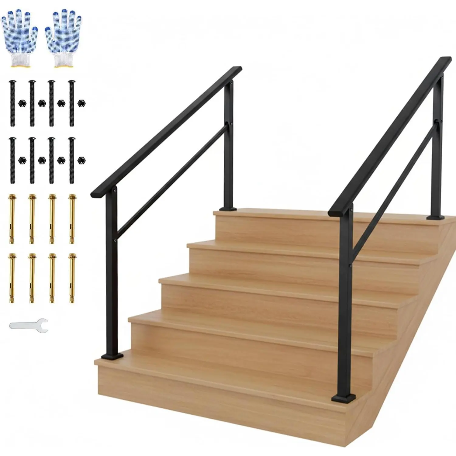 GARVEE 2-Pack 5-Step Weatherproof Indoor/Outdoor DIY Handrail Kit - Black Aluminum Stair Railing with Iron Posts for Steps, Porch, Includes Gloves, Diy Kit