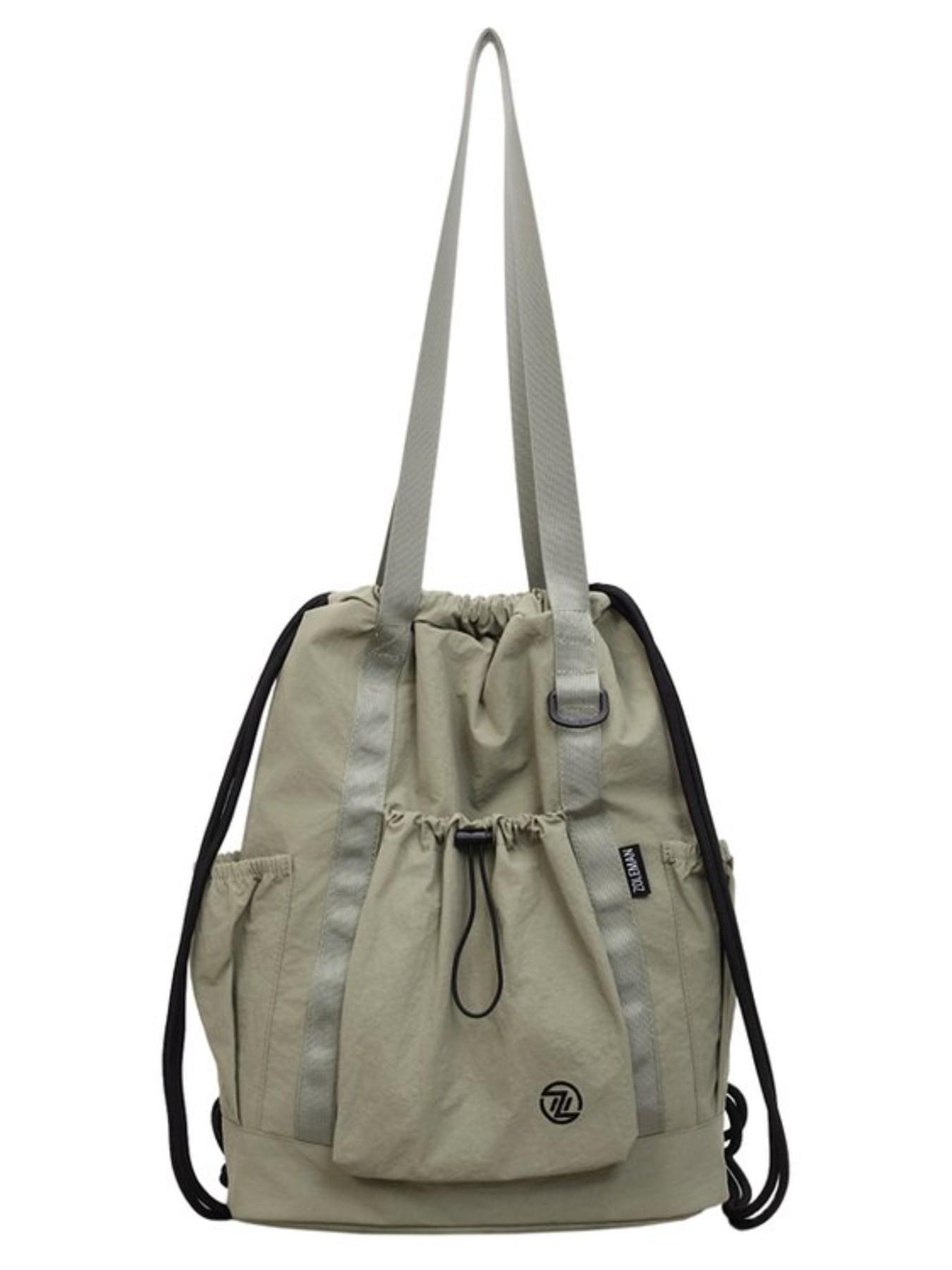 Large Capacity Drawstring Tote Backpack, Lightweight Nylon Shoulder Bag with Secure Pockets, Foldable Unisex Casual Daily Bag, Travel Fitness Shopping Bag