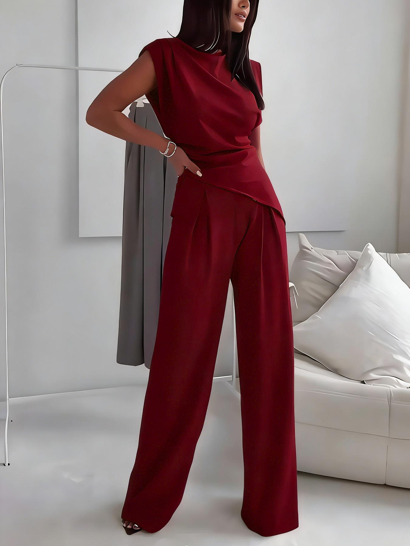 Women's Plain Elegant Asymmetrical Hem Sleeveless Top Long Pants Set, Stylish Casual for Daily Wear, Comfortable, Trendy and Slim