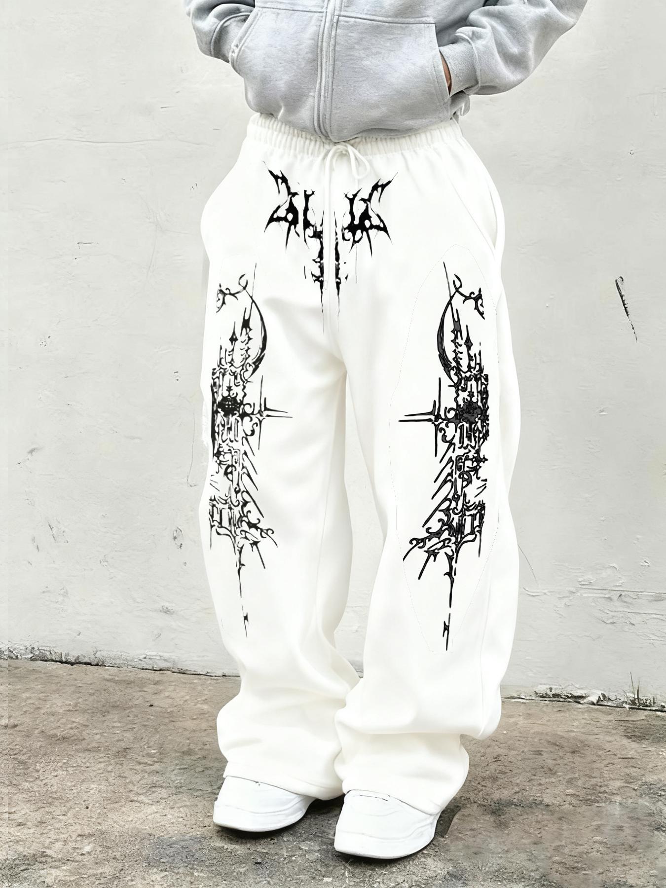 Printed Loose Sport Pants with Gothic Pattern, Drawstring Pants for Daily Wear and Home Leisure, Casual Fitted Geometric Style