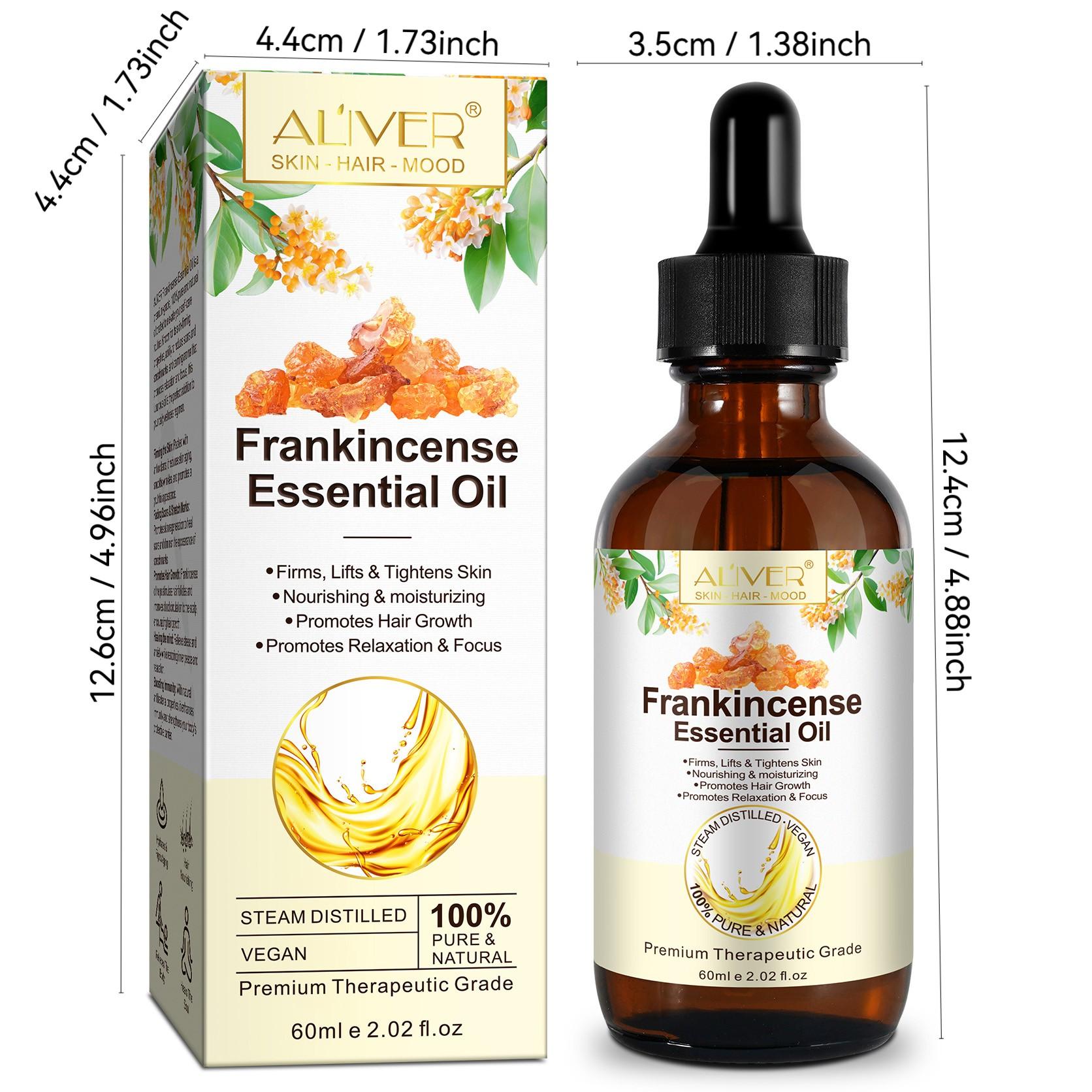 Frankincense Essential Oil, 60 ml of frankincense essential oil, used for moisturizing and nourishing the hair, nails and face. It can be used in diffusers, humidifiers, massages and soaps. Essential for home use, suitable for both men and women.