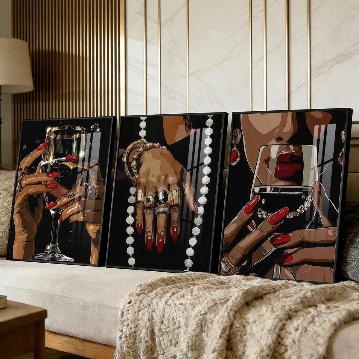 3 Counts Aluminum Alloy Framed Painting, Elegant Woman Hands With Wine Glass And Jewelry Pictures, Home Decoration For Living Room, Bedroom, Office, Restaurant, Hallway Wall Decor, Odorless Print Artwork, Luxury Perfect Gift For Friends And Family