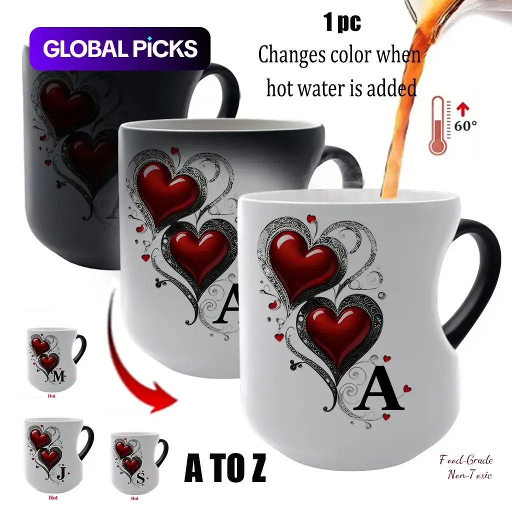 Shimmering Heart Initials A-Z Thermosensitive Ceramic Mug, Magic Color-Changing Heart-Handle Mug, 11 Oz/330 Ml, Mothers Day Gift