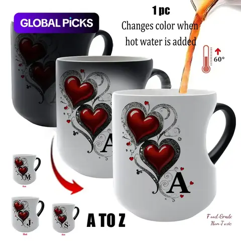 Shimmering Heart Initials A-Z Thermosensitive Ceramic Mug, Magic Color-Changing Heart-Handle Mug, 11 Oz/330 Ml, Mothers Day Gift