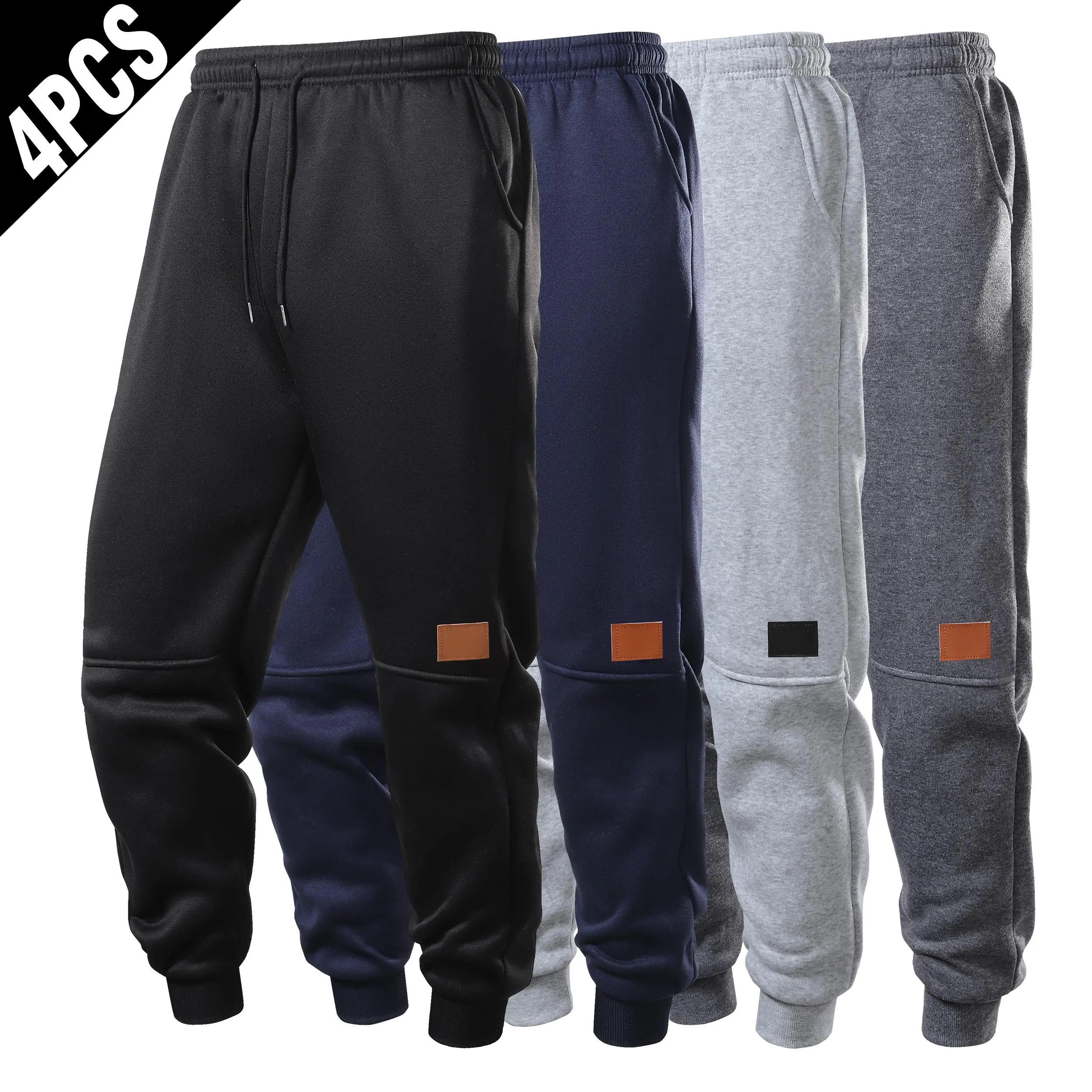 Men's 4-Pack Athletic Joggers, Casual Loose Fit Pants with Drawstring Waist, Cuffed Hems & Leather Knee Patch, Clothes