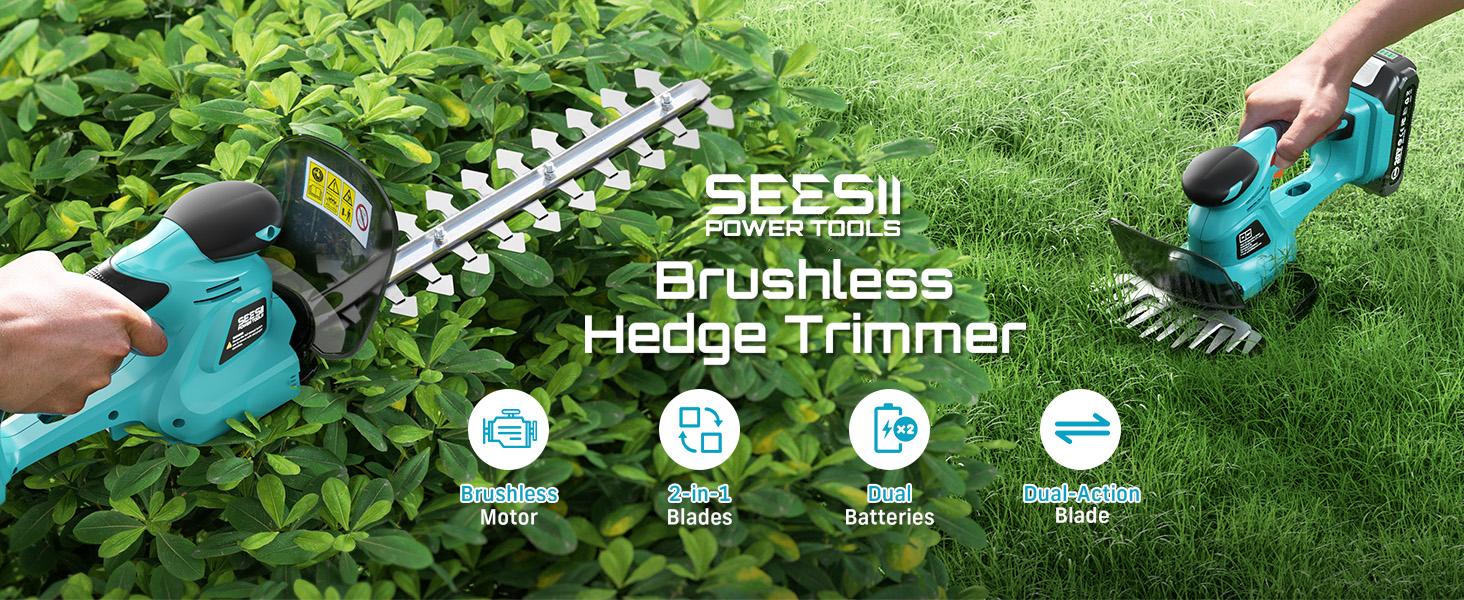 2-in-1 Brushless Hedge Trimmers, SEESII Cordless Grass Shears with Dual 2.0 Ah Batteries, 6" Electric Bush Shrub Trimmer with Dual Action Blade, Handheld Grass Cutter for Yard Garden, Lawn Pruning HT100 #TikTokShopBlackFriday 2-in-1 Brushless Hedge Trimmers, SEESII Cordless Grass Shears with Dual 2.0 Ah Batteries, 6" Electric Bush Shrub Trimmer with Dual Action Blade, Handheld Grass Cutter for Yard Garden, Lawn Pruning HT100 #TikTokShopBlackFriday