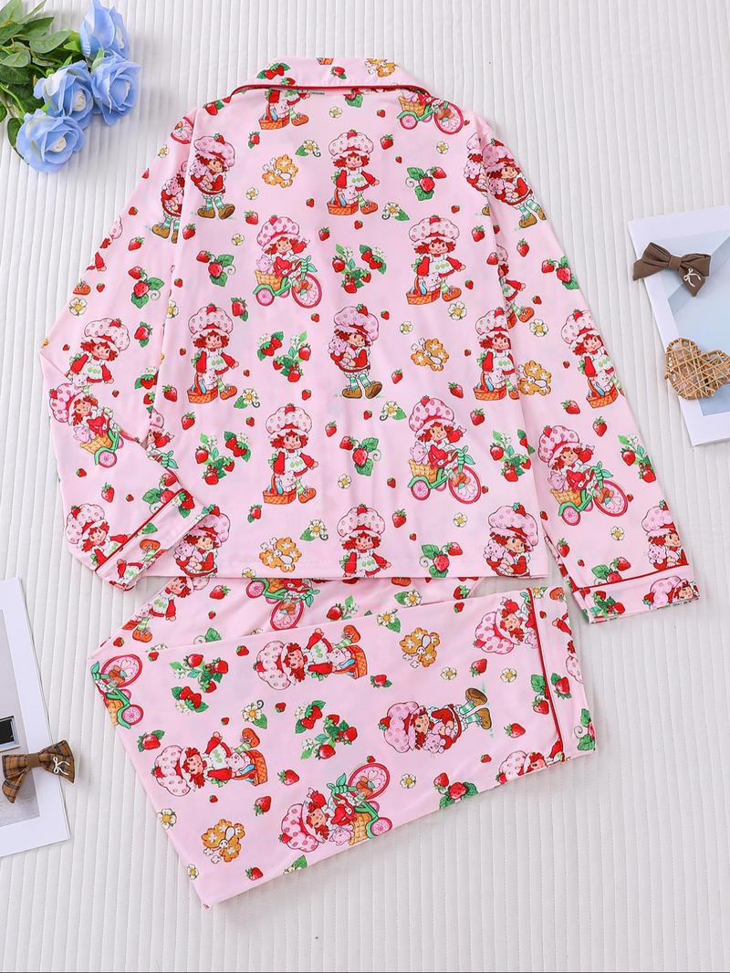 Women's Strawberry Pattern Sleepwear Set, Long-Sleeve Button-Up Top & Elastic-Waist Pants, Casual Fall Winter Pajamas, Comfortable Home Wear