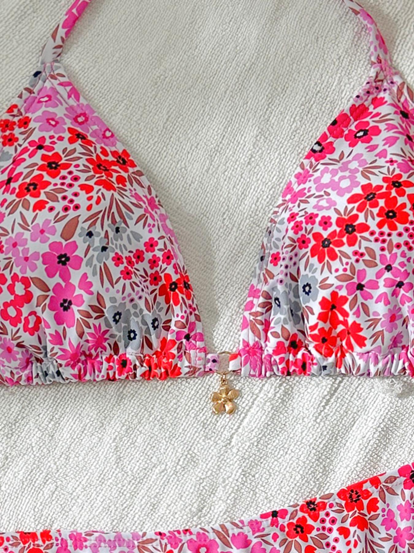 Women's High Waist Bikini Set, Floral Bikini Top, Thin Strap Floral Design, Two-Piece Swimsuit, Perfect for Beach Vacation and Summer Casual Wear