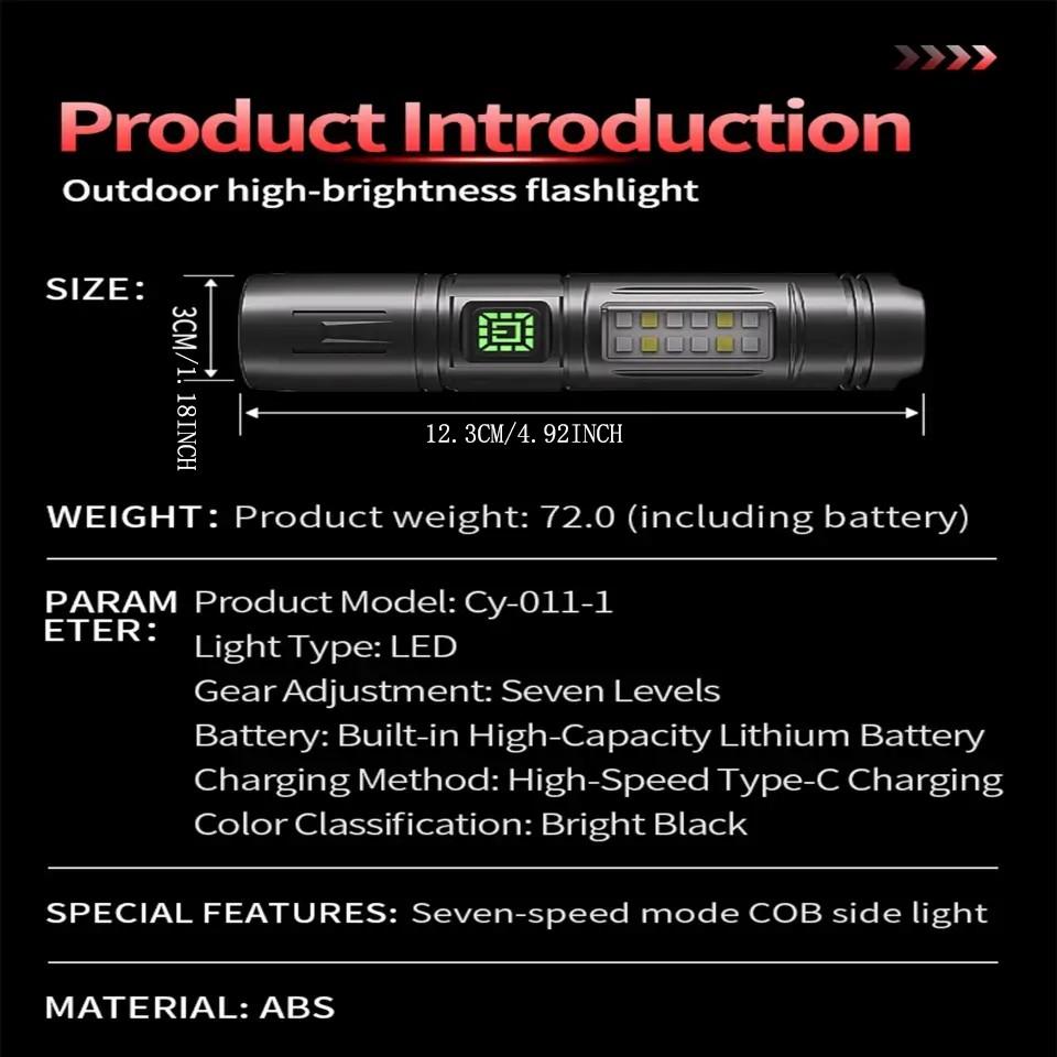 Easter Multifunctional LED Type-C Fast Charging Flashlight, Seven Modes Adjustable COB Work Light, Smart Battery Display, Camping Hiking Home Use