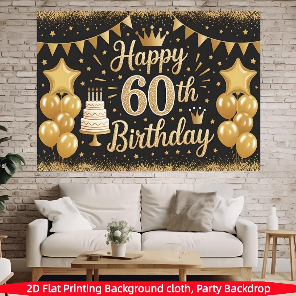 Gold 60th Birthday Banner, Balloon and Confetti Elements, Polyester Material, Party Wall Decor, Ideal for Photoshoots and Celebrations