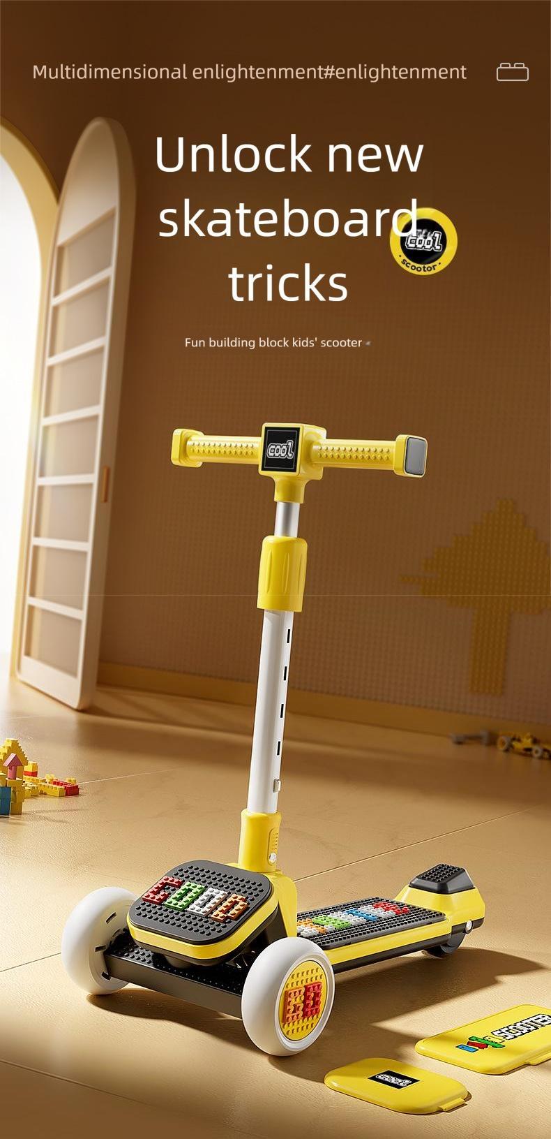 Kids Scooter 3 Wheels for 3-9 Years Height Adjustable Foldable with DIY Bricks LED Flashing Wheels Heavy Duty Outdoor Toy Gift Light up