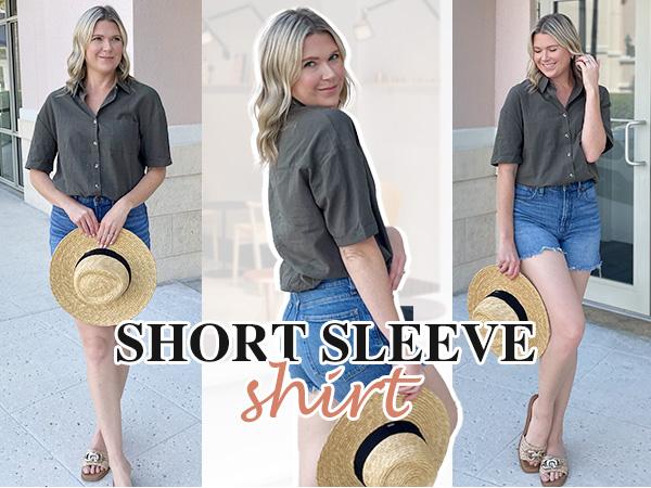Linen Shirts for Women Cotton Button Down Short Sleeve Loose Fit Collared Casual Work Summer Blouse Tops Basic Lady Breathable Essential Fabric Fashion Formal Beach Cover