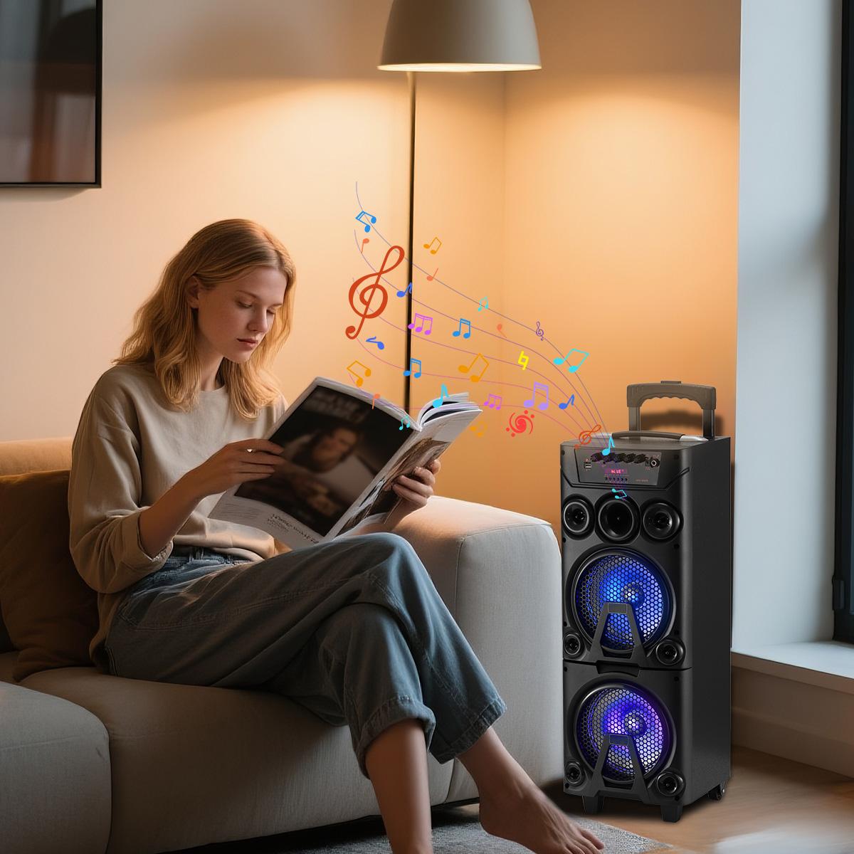 Portable Bluetooth Party Speaker Dual 8" Woofers Dual Wireless Microphones Wooden Cabinet TWS LED Light Rechargeable Stereo Wireless PA Speaker System