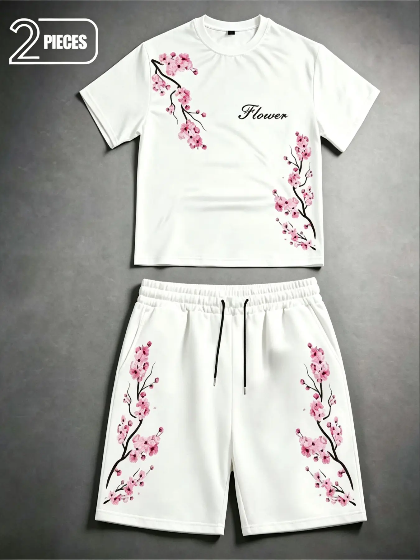 Men's Cherry Blossom Print Two-Piece Set, Aesthetic Summer Loose Short Sleeve T-Shirt and Casual Five-Quarter Shorts, Trendy