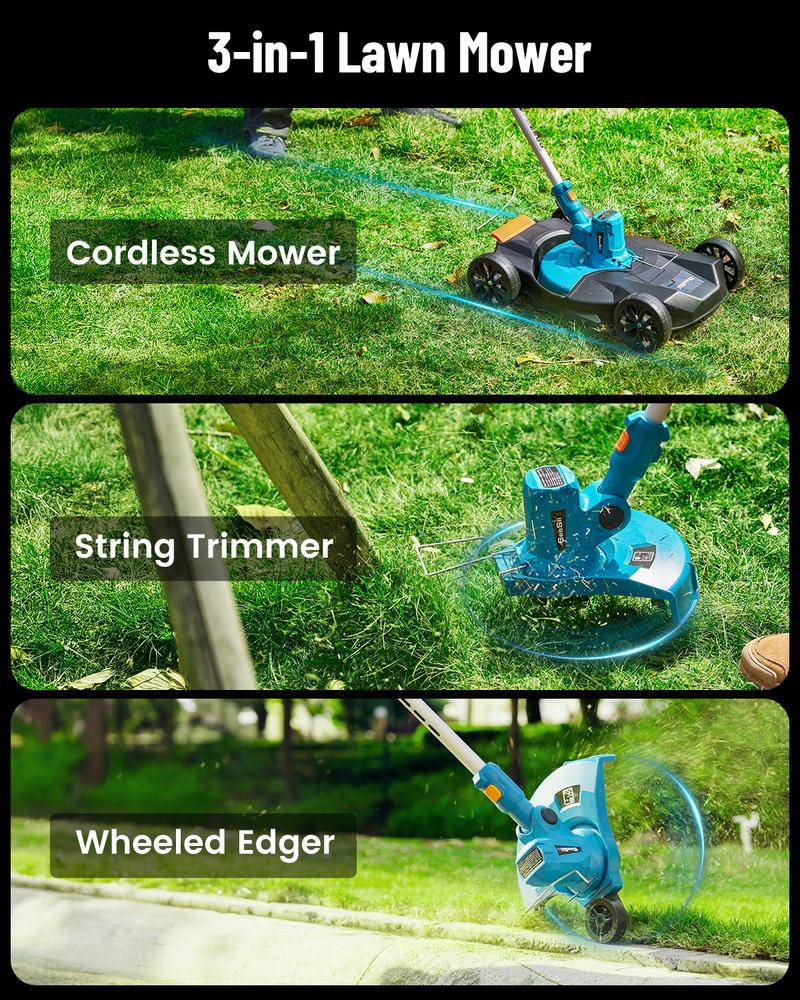 【Seesii】 Electric 12" Lawn Mower and Leaf Blower Combo Kit, 3 in 1 Cordless Weed Wacker Grass Eater with 1.3"/2.1" Height, Battery String Trimmer Rotary Handheld Blower with 5-Speed for Yard Lawn