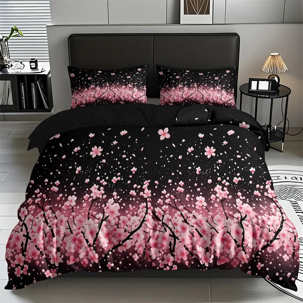 Spring Summer New Cherry Blossom Print Bedding Set, 1 Duvet Cover + 2 Pillowcases, High-Definition Printing, Home & Dormitory Use