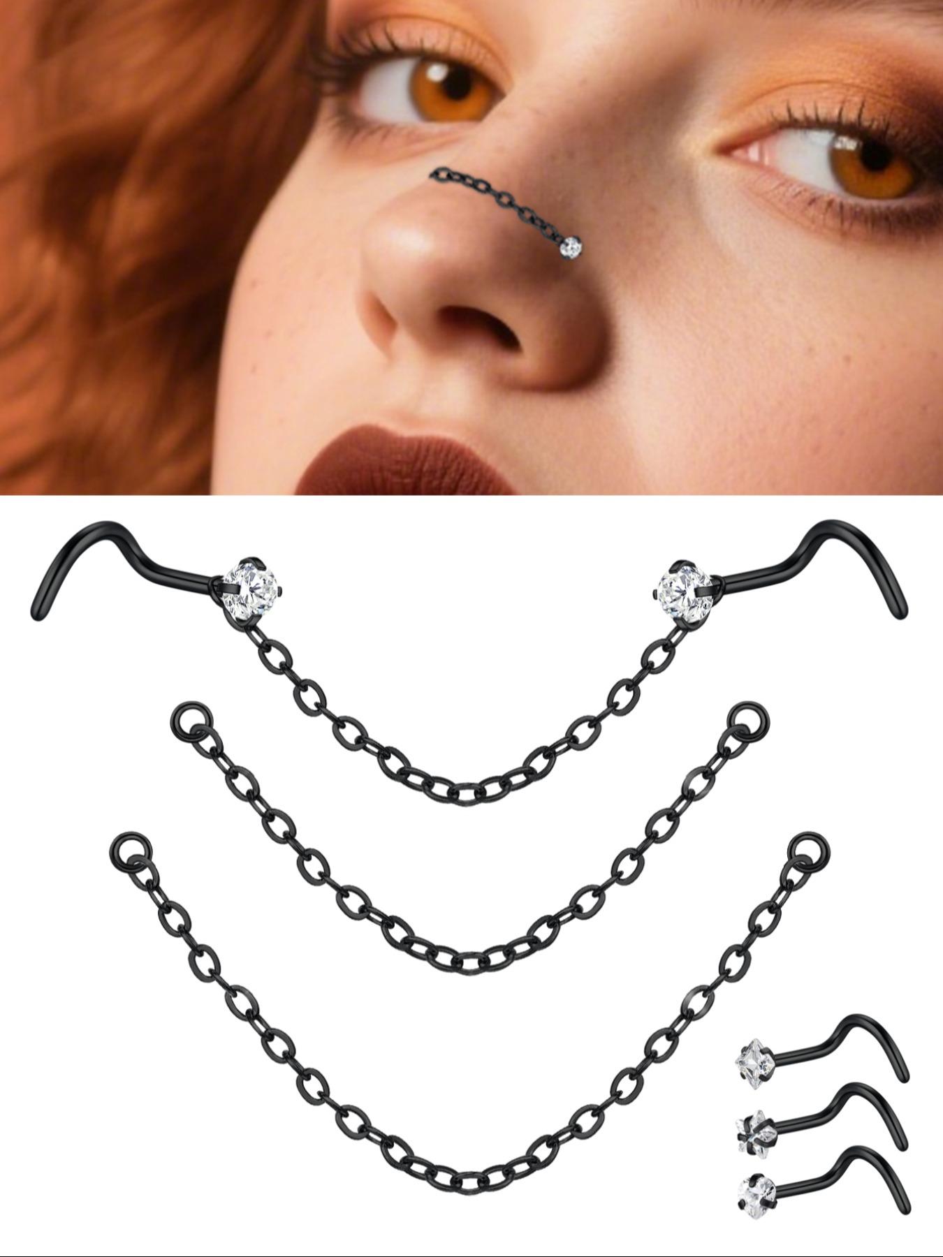 Unisex Stainless Steel Cz Nose Chain, Cool Bone Shape Ring, Party Style Piercing Jewelry, Halloween Accessory
