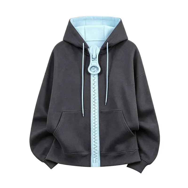 New Unique Design Cute Big Zipper Zip Up Hoodie, Streetwear High-End Feel Hooded Jacket