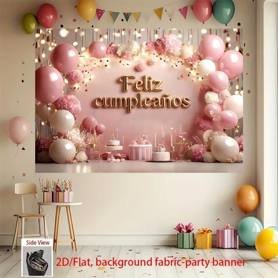 Shiny Princess Theme Flower and Cake Birthday Banner, Party Flag, Polyester Material, Home Decor, Indoor Outdoor Parties, Photo Background