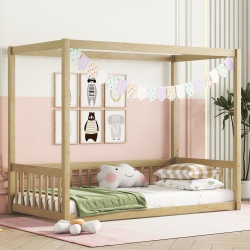 [Bellemave]TwinSize Canopy Frame Floor Bed with Fence, Guardrails